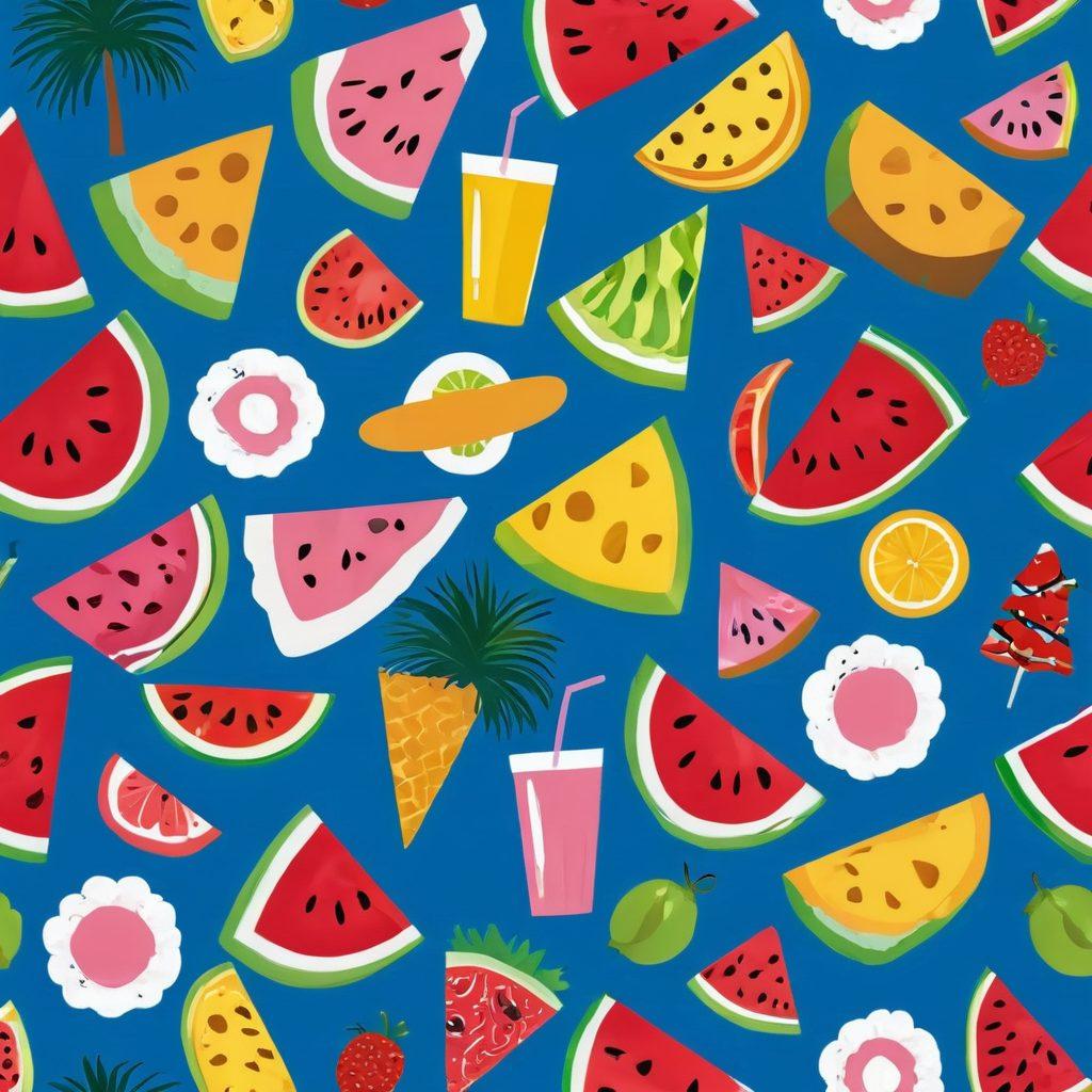 A whimsical summer scene featuring a colorful charcuterie board seamlessly transforming into stylish swimwear. In the foreground, laugh-inducing elements like quirky cartoon characters enjoying a beach day with an exaggerated slice of cheese and a watermelon float. The backdrop is a bright sunlit beach with playful waves and palm trees. The overall mood is lighthearted, combining elements of food and fashion with dark humor. vibrant colors. playful cartoon style.