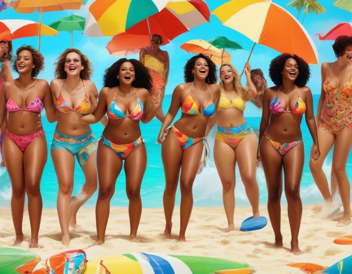 A vibrant beach scene showcasing diverse individuals of various body shapes confidently wearing colorful, witty beachwear. They are laughing and enjoying the sun, surrounded by beach umbrellas and surfboards. The ocean waves gently crash in the background, adding to the lively atmosphere. Emphasize a joyful and inclusive vibe with bright colors and playful patterns on clothing. super-realistic. vibrant colors. sunny atmosphere.
